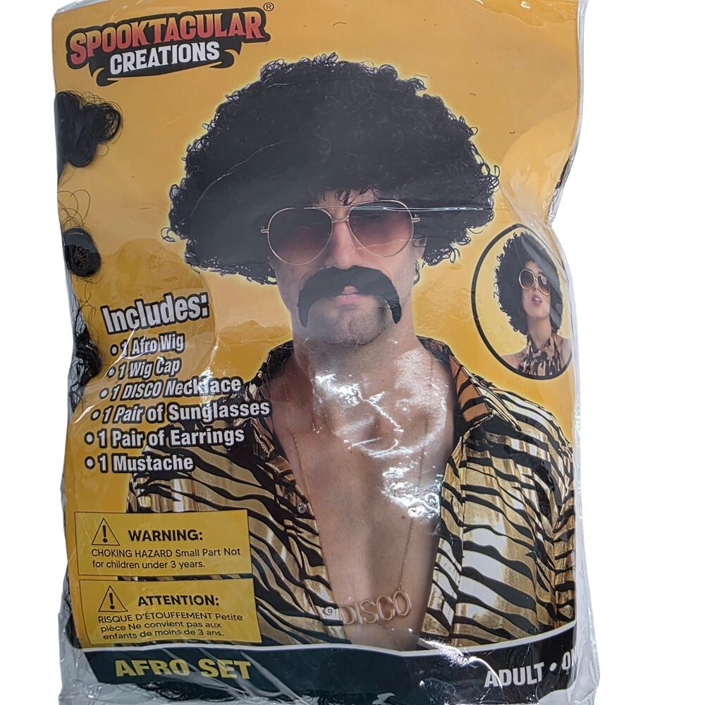 Spooktacular Creations Afro Costume Wig and Sunglasses, Disco Necklace New